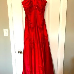 Gorgeous Red Satin formal gown with beading.Purchased for $299. Size 6.